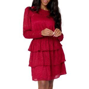 NWT Womens Size XXS Gibson Look Ruby Red Scallop Lace Tiered Mini Dress NEW